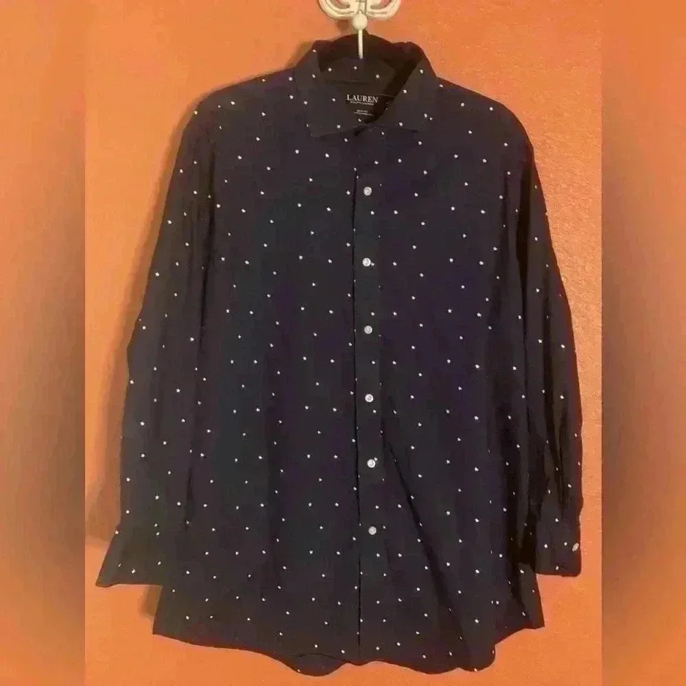 Lauren Ralph Lauren Slim Fit Stretch Non Iron Men's 17 34/35 Navy w/ Stars Shirt